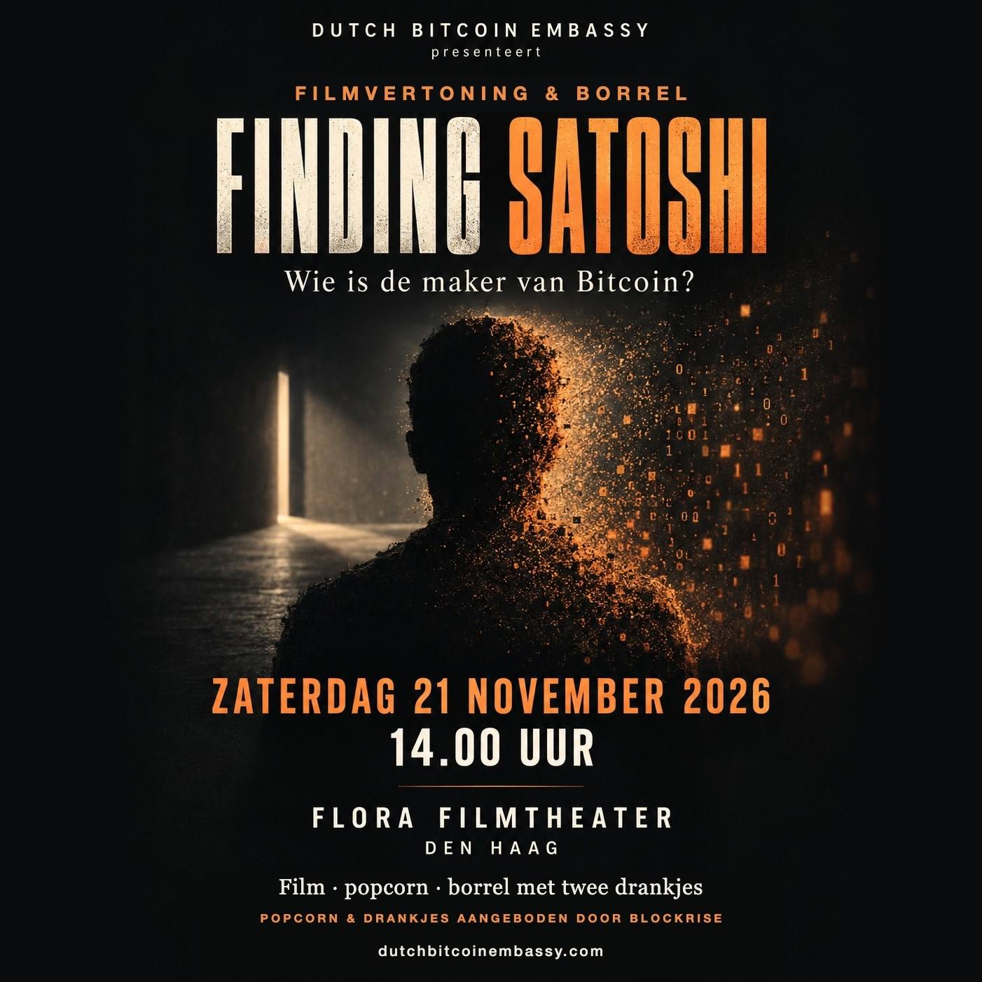 Filmposter Finding Satoshi, zaterdag 21 november 2026, Flora Filmtheater Den Haag